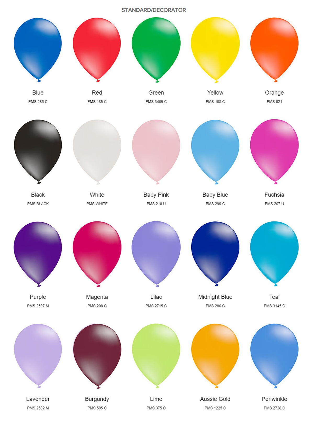 Decorator / Standard Balloons Colour Chart